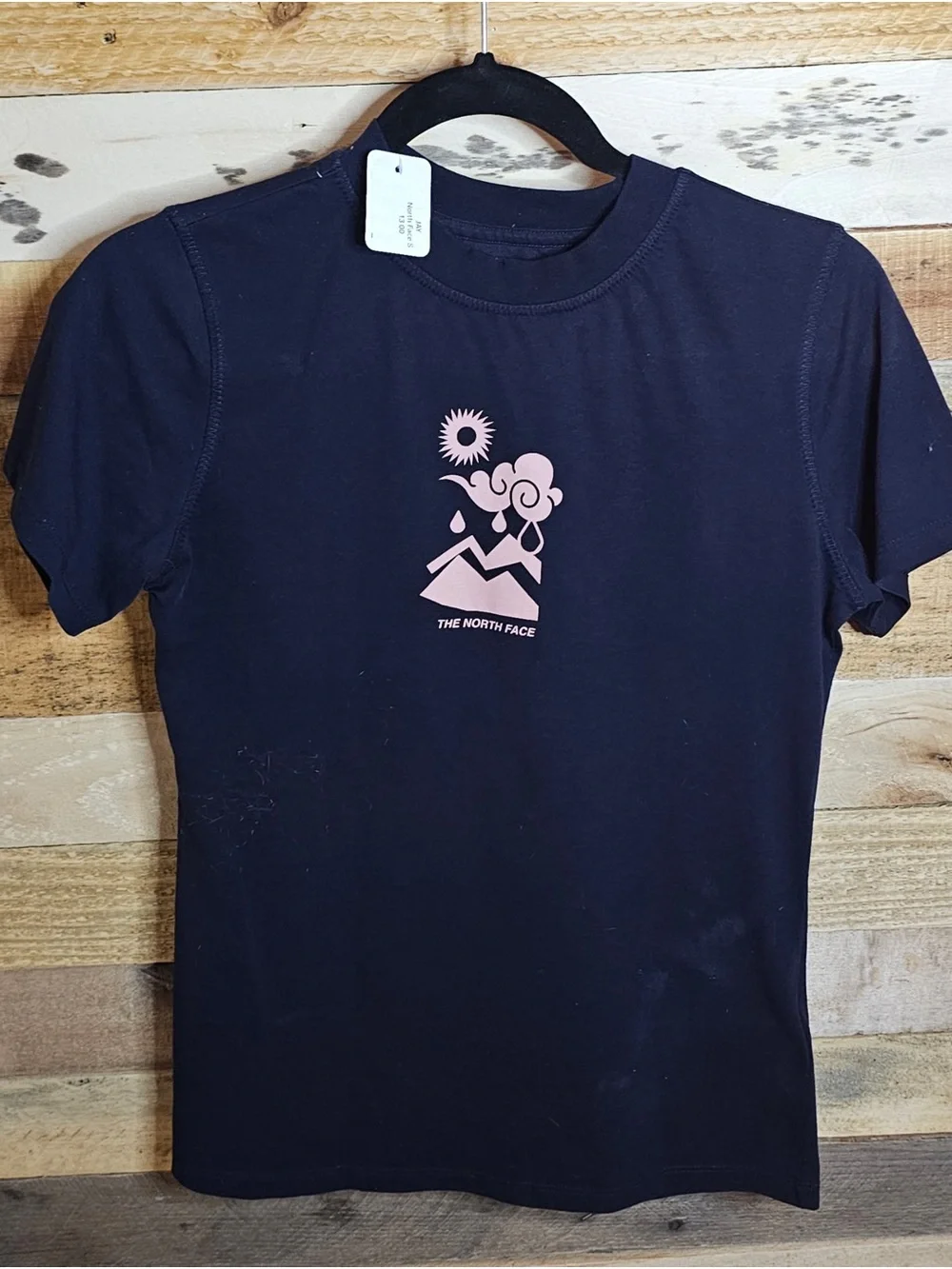 The North Face Navy Short Sleeve Tee with Pink Chest Logo